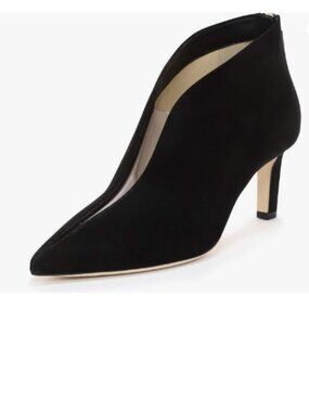 YDN Black Pointed Toe V Cut Ankle Booties Mid Heel Faux Suede PVC Zippers Boots